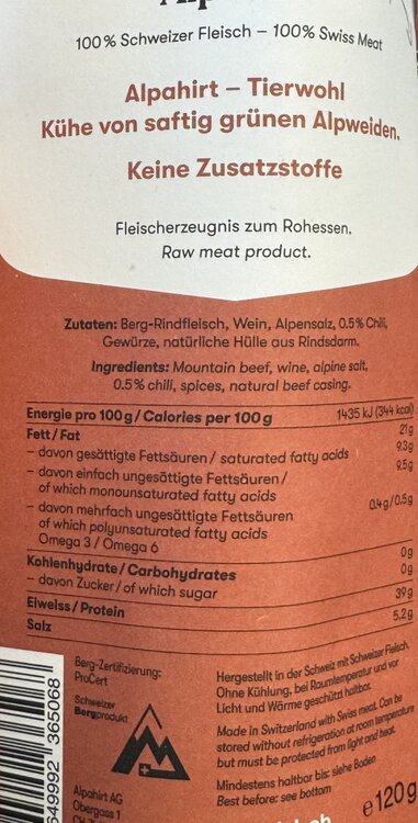 Rindsalsiz mit Bündner Chili Alpahirt 120 g (Rindfleisch)
