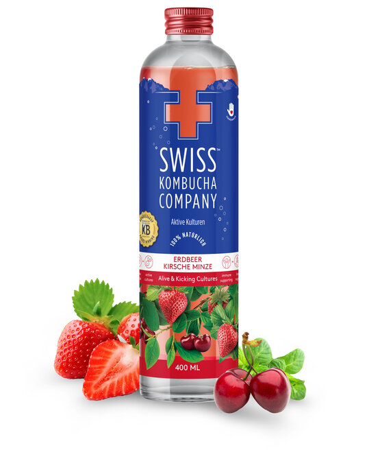 Swiss Kombucha Erdbeer-Kirsche-Minze 40cl EW-Glas (Solange Vorrat wird nicht mehr Produziert)