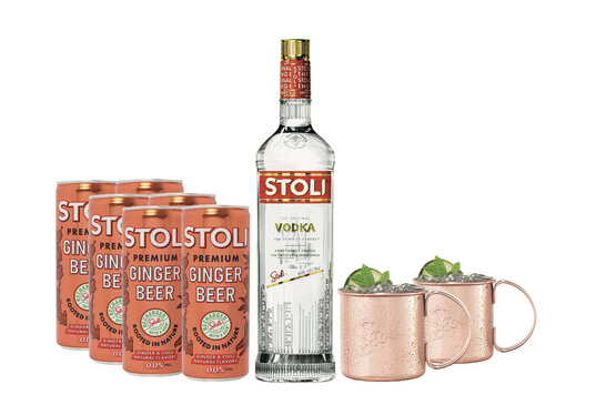 Verkaufsset "Stoli", 1 Flasche Stoli Vodka 70 cl, 6 Dosen Ginger Beer alkoholfrei 25 cl, 2 Kupfertassen (Postversand möglich)
