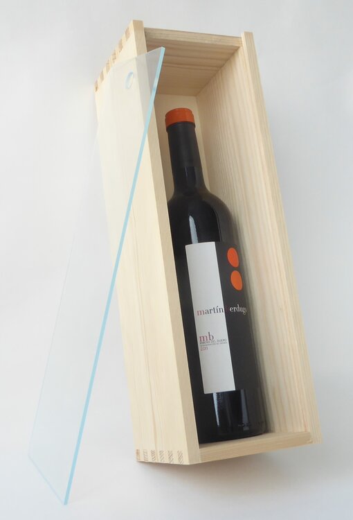 Holzkiste mit Plexiglasdeckel inkl. Masche für 1 Flasche