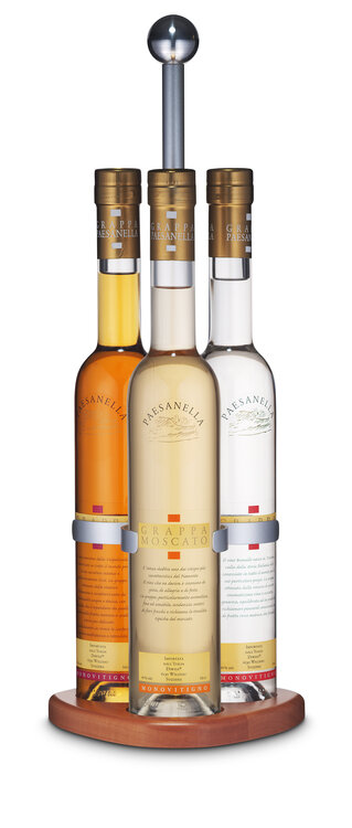 Grappa Traggestell mit 3 Grappa Paesanella Brunello/Amarone/Chardonnay
