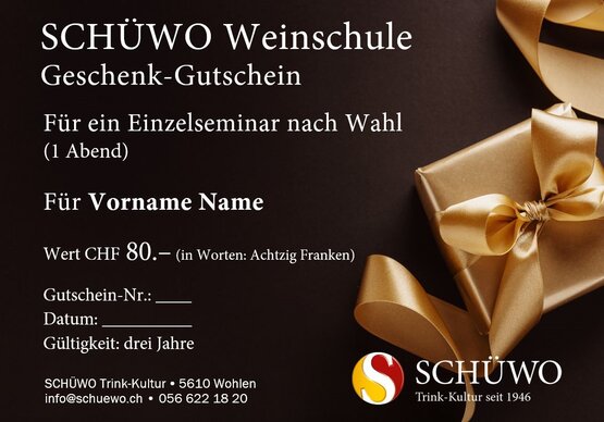 SCHÜWO Weinschule Geschenkgutschein Einzelseminar (1 Abend)