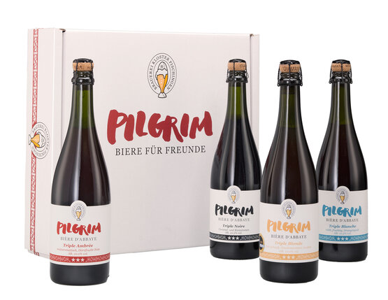 Pilgrim Geschenkbox mit 4 Flaschen Bière d'Abbaye 75 cl Triple Blonde, Triple Blanche, Triple Ambrée, Triple Noir