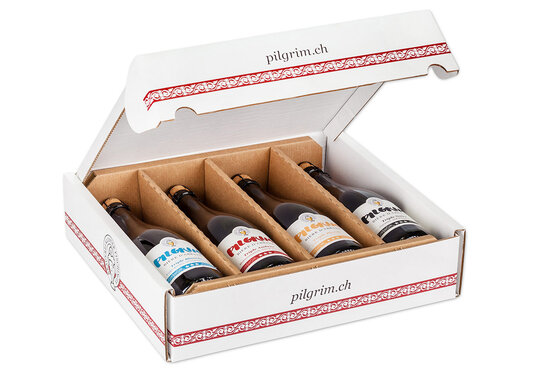 Pilgrim Geschenkbox mit 4 Flaschen Bière d'Abbaye 75 cl Triple Blonde, Triple Blanche, Triple Ambrée, Triple Noir
