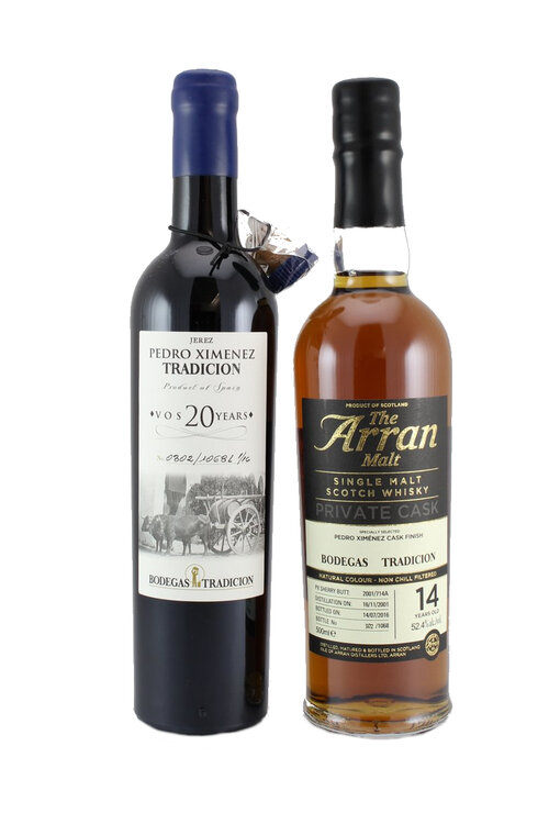 Whisky Arran Single Malt 50 cl Pedro Ximenez Cask Finish 52.4°  inkl. 1 Fl. Sherry Pedro Ximenez 20 years old 50 cl 15° Geschenkpackung
