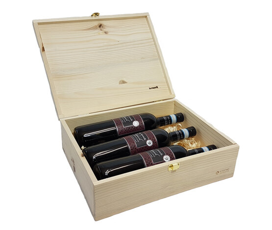Holzpräsentkassette mit Klappdeckel für 3 Flasche