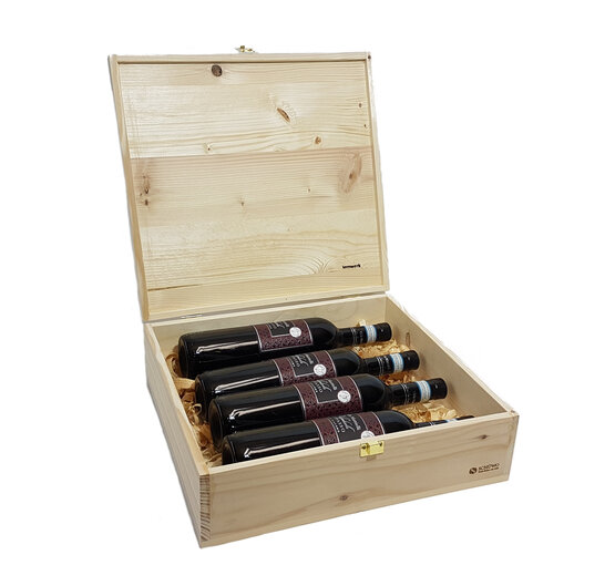 Holzkiste mit Holzdeckel inkl. Masche für 4 Flaschen