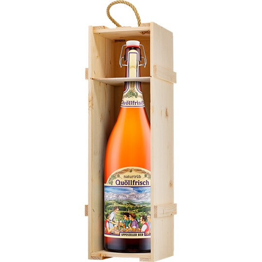 Appenzeller Quöllfrisch naturtrüeb Bügelflasche 3 L in 1er Holzkiste mit Glasdeckel