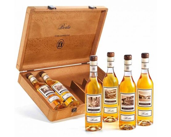 Holzkiste mit 6 Fl. Grappa Berta à 20 cl  Moscato, Brunello, Cannonau, Barolo, Nero D'Avola, Amarone