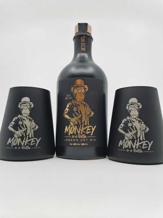 Gin Monkey in a Bottle Kristallbecherset mit 2 Becher und 1 Flasche
