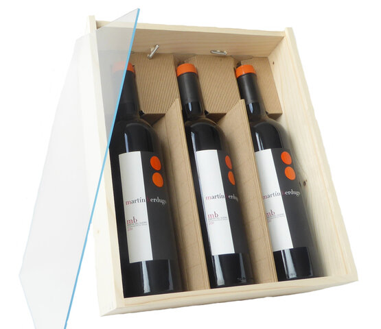 Holzkiste kurz mit Plexiglasdeckel für 3 Flaschen