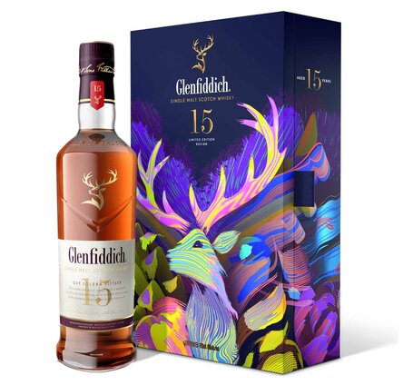 Glenfiddich 15 Years Pure Malt Whisky Solera Cask Geschenkpackung mit Design-Flachmann