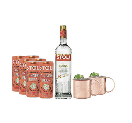 Verkaufsset "Stoli", 1 Flasche Stoli Vodka 70 cl, 6 Dosen Ginger Beer alkoholfrei 25 cl, 2 Kupfertassen (Postversand möglich)