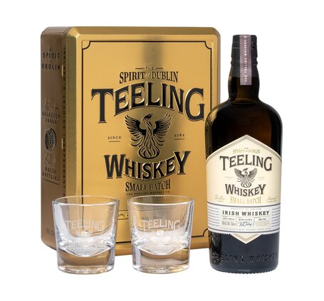 Whiskey Teeling Small Batch Rum Cask Irish Geschenkpackung Metall (gold) mit 2 Gläsern (solange Vorrat)