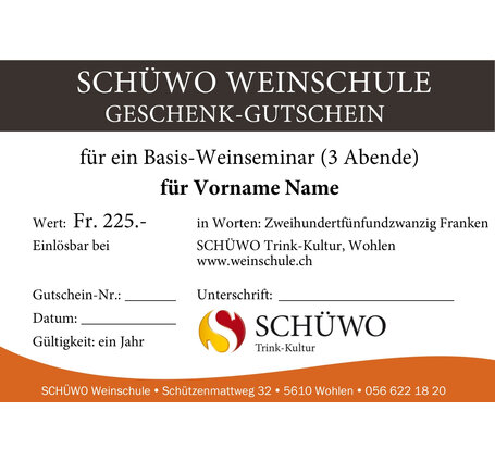 SCHÜWO Weinschule Geschenkgutschein "Basis-Weinseminar" (jeweils an 3 Abenden)