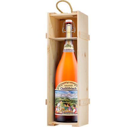 Appenzeller Quöllfrisch naturtrüeb Bügelflasche 3 L in 1er Holzkiste mit Glasdeckel